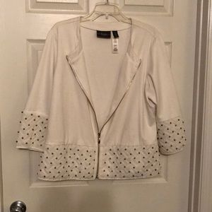 Chico’s jacket, cream colored, woven area at bottom of jacket & sleeves, beaded.